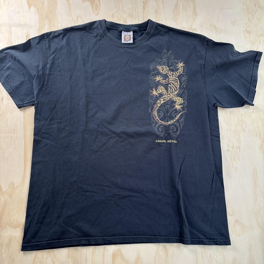 Yachtclub Cancun Mexico Tribal Lizard Shirt Mens 2XL Black Graphic Tee T-Shirt